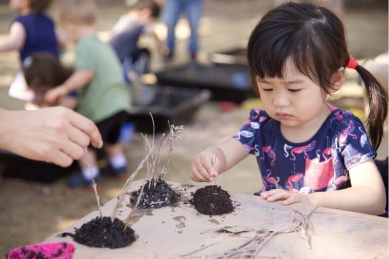 Family Nature Club A young child with black hair sits at an outdoor table and places a twig into a small mound of dirt. An adult hand reaches in toward a similar pile of arranged twigs and dirt and other children play in the background.