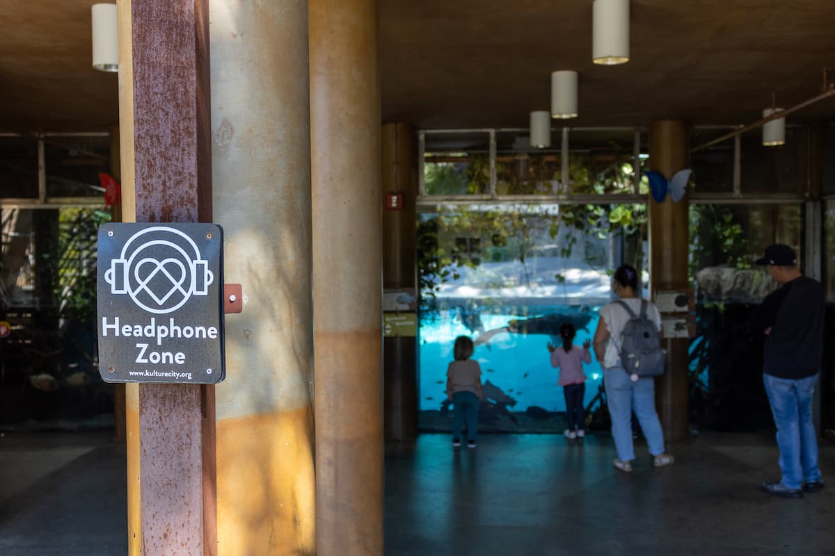 People observe an otter swimming in an aquarium just past a sign post that reads "Headphone Zone"