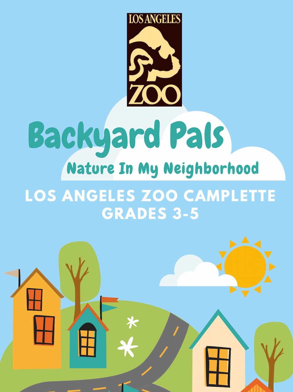 Backyard Pals: Nature in My Neighborhood cover with a blue sky, a sun, some trees, and homes