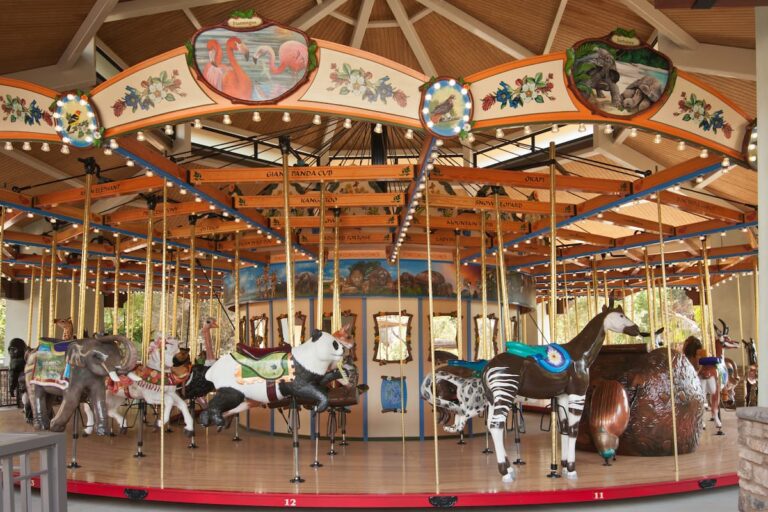 Tom Mankiewicz Conservation Carousel A wide view of the the Tom Mankiewicz Conservation Carousel, displaying it's many hand-carved wooden animals.