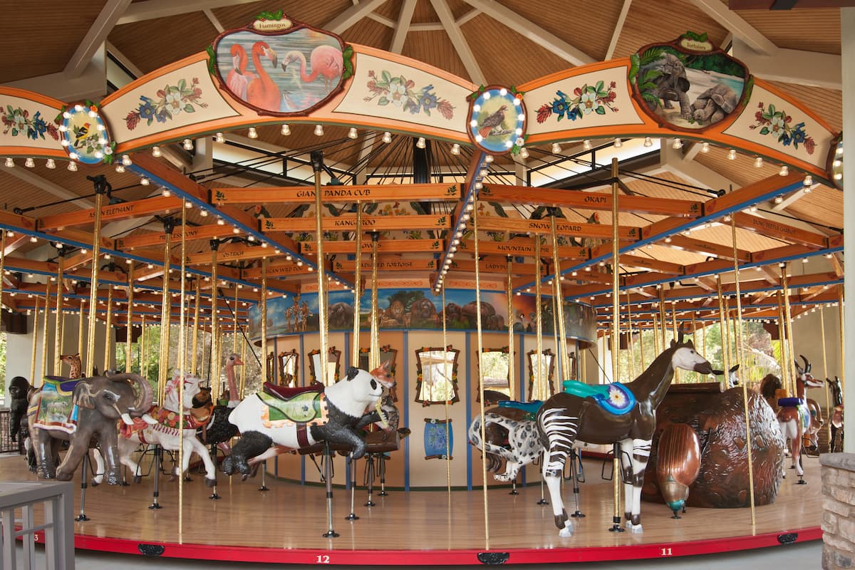 A wide view of the the Tom Mankiewicz Conservation Carousel, displaying it's many hand-carved wooden animals.