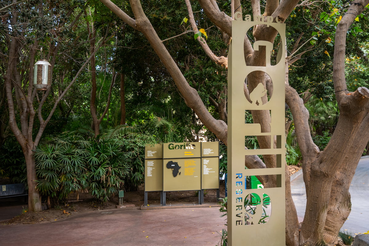 Vertical sign reaing Gorilla stands at the tree-lined entrance to the gorilla habitat