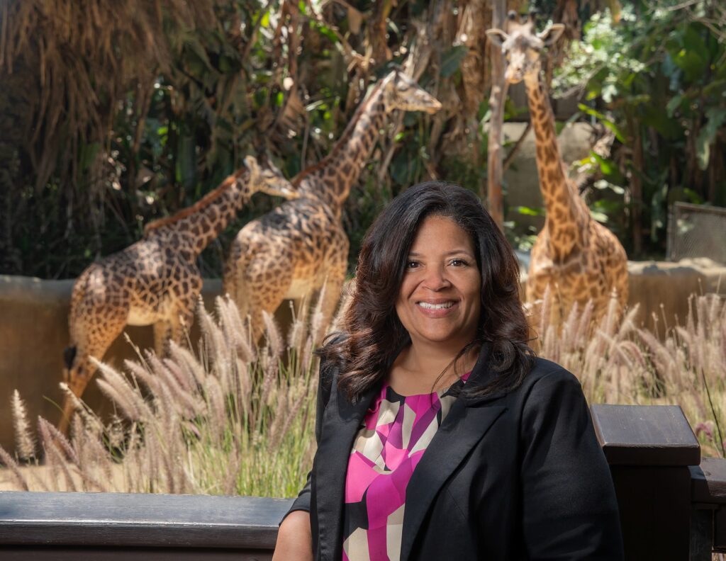 Woman standing in front of giraffes
