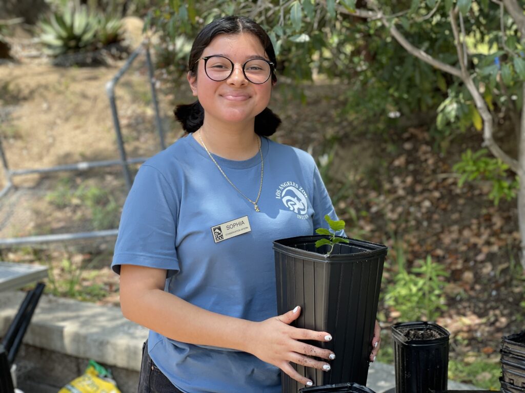 An enthusiastic student intern assisting with gardening at the Zoo, surrounded by vibrant greenery.