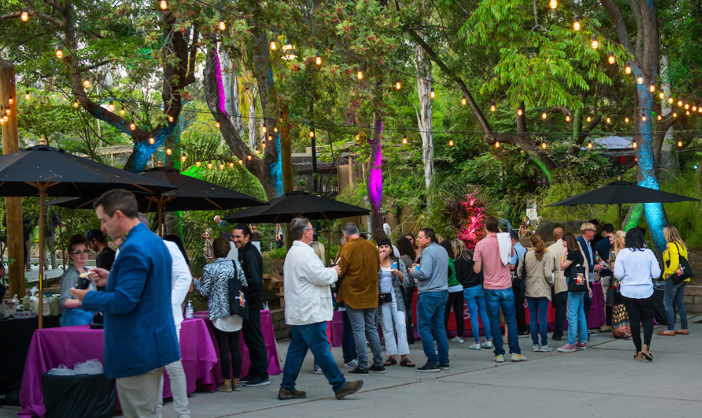 Guests enjoy food and beverages during an evening event at the L.A. Zoo.