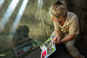 Angela being shown book by a Zoo Keeper