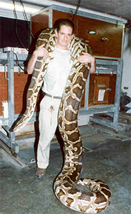 Ian Recchio stands with an enormous, thick-bodied python draped around him and trailing on the floor.