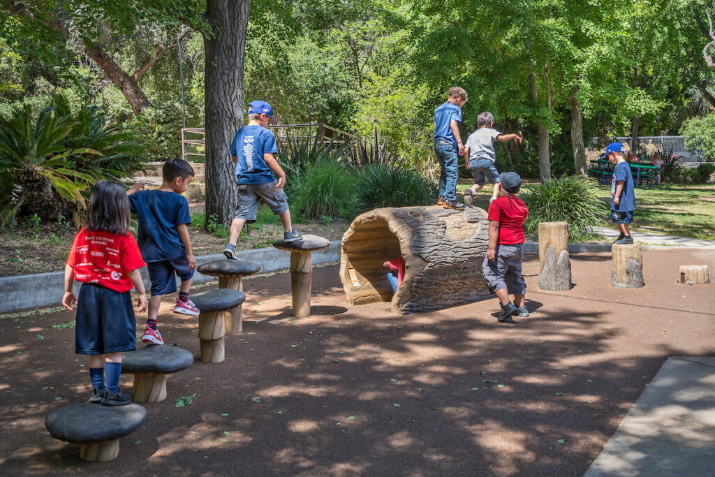 Kids jump from giant mushroom to giant mushroom in a forest-inspired fantasy play area.