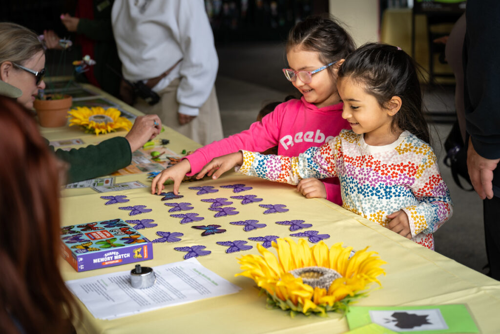 Two young girls excitedly play a butterfly-themed memory matching game.