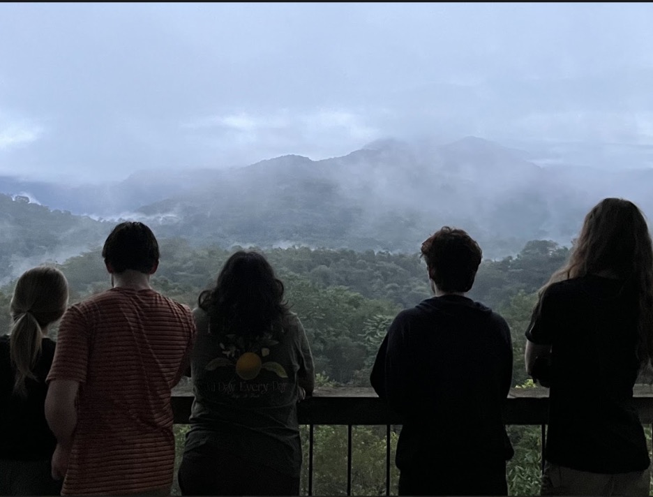 Students look out onto a misted mountain forest.